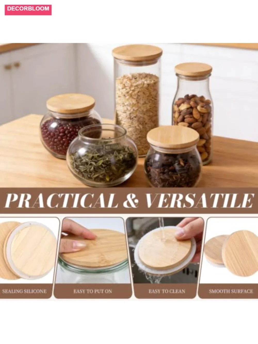 2 Pack 80mm Wide Mouth Bamboo Mason Jar Lids with Airtight Silicone Seal
